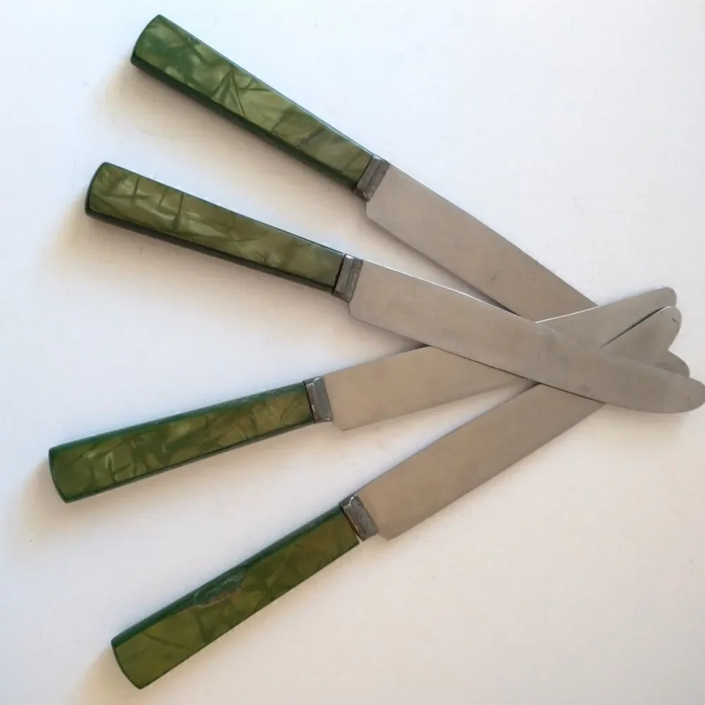ROYAL BRAND Sharp Cutter Knife Set x 4 Marbled Celluloid Handles Stainless Steel